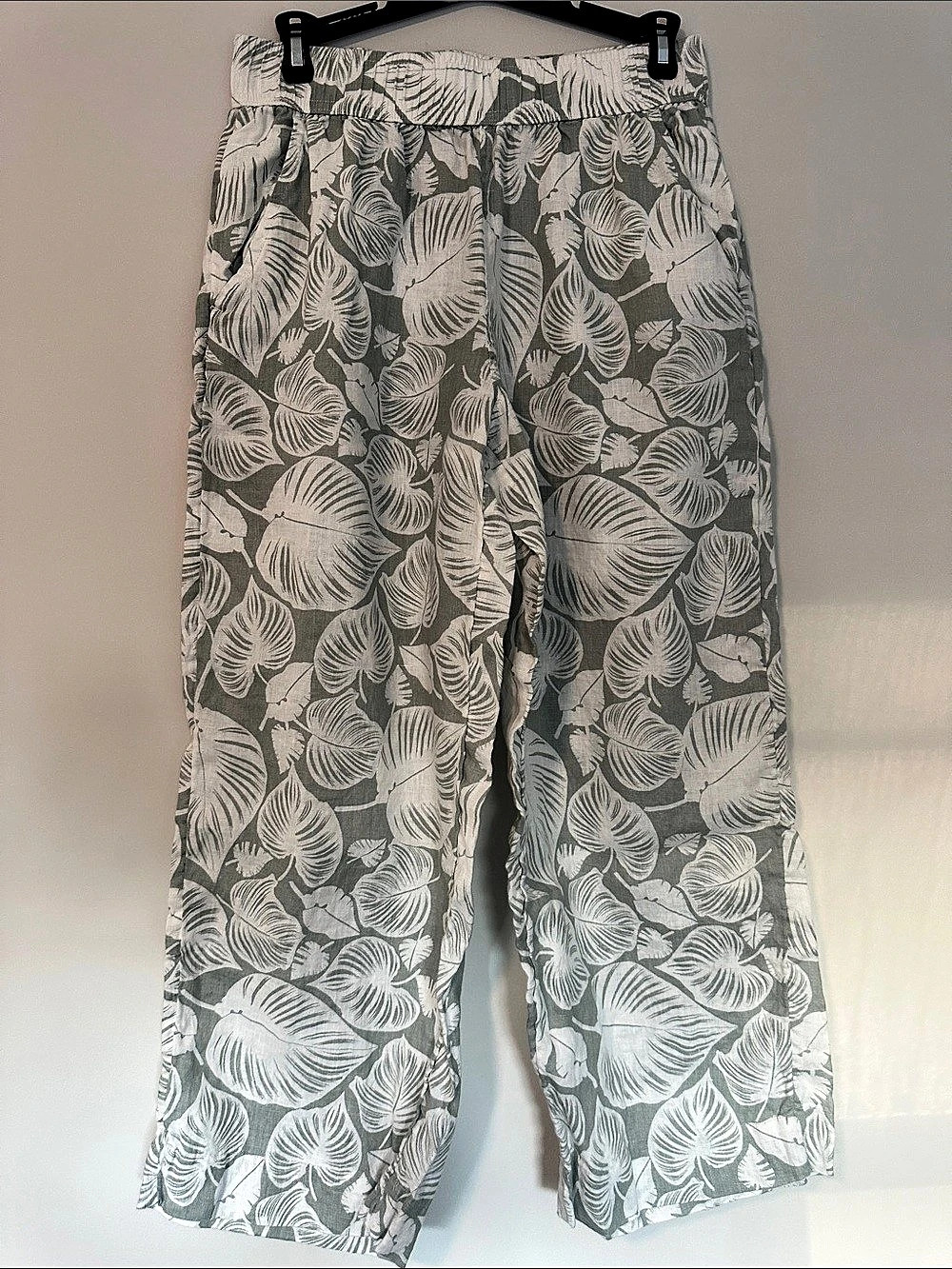 Tahari Linen Floral Wide Leg Pants in Green & White Size Large